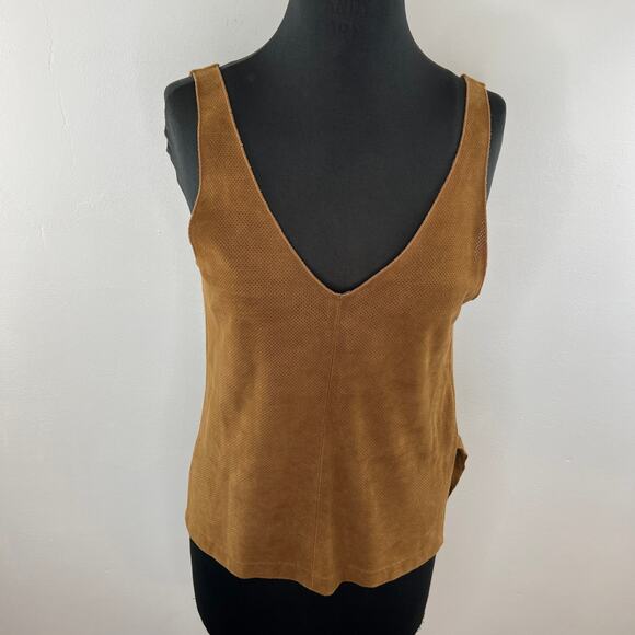 Majestic Filatures Brown Double V Leather Front & Linen Tank Top V-Neck 1 S - Picture 2 of 7